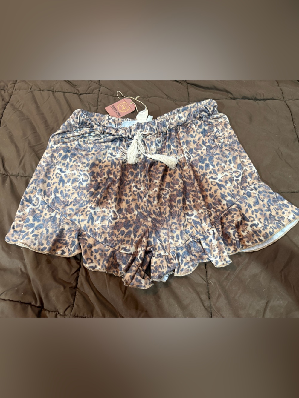 Leopard-Print Ruffle Hem Shorts with Tassel Drawstring - Beige/Brown